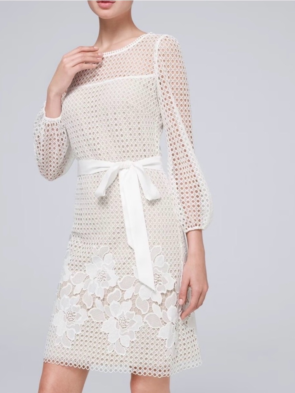 White House Black Market Ivory Lace Midi Dress with Waist Tie